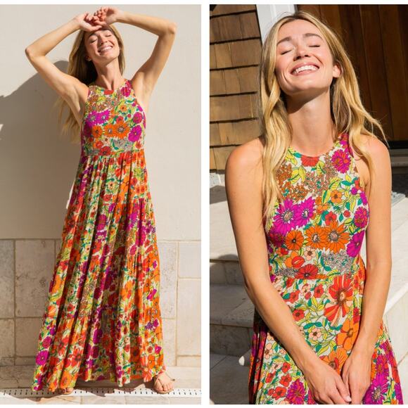 NATURAL LIFE Halle Floral Print Halter Maxi Dress Fuchsia Multi Sz XL NWT {3O24} - Picture 1 of 3